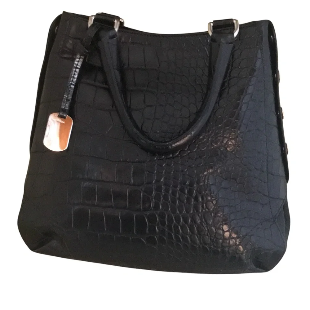 Furla Onyx Black Leather Embossed Croc Tote Bag